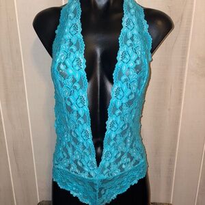 Fredrick's of Hollywood Turquoise Lace Plunge Bodysuit Small